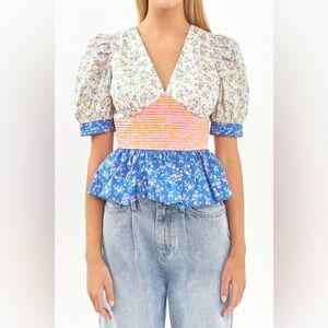 English Factory Women’s Large Floral Patchwork Puff Sleeve Top Peplum Green pink